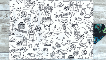 Napperon à colorier avec pochette et crayons - Monstres et super-héros